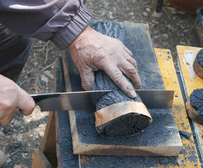 小堀遠州流青年部勉強会で池田炭を切る