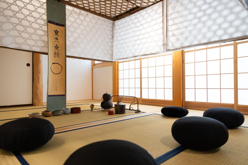 Kjell Hahn's Tea Room art installation using bamboo silkworm trays covered in washi paper.